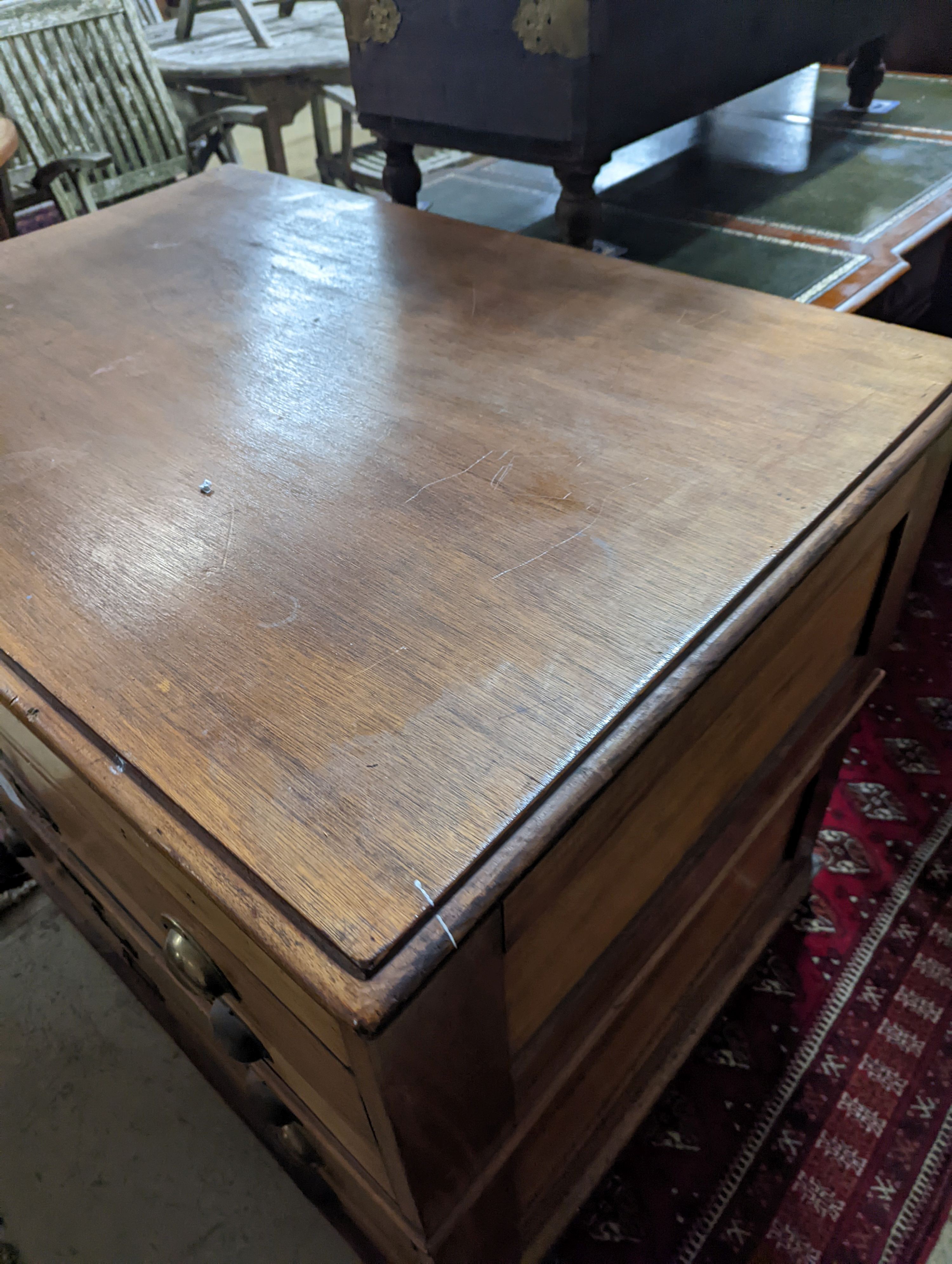 An early 20th century mahogany six drawer two part plan chest, width 116cm, depth 79cm, height 88cm